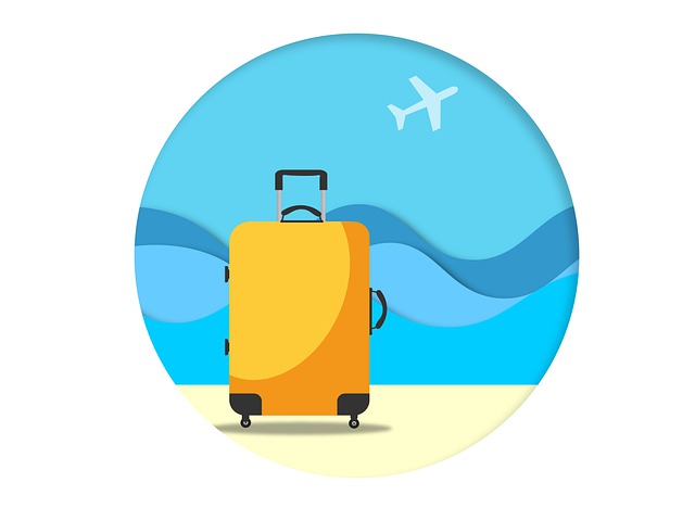 a yellow suitcase infront of a blue background with a plane